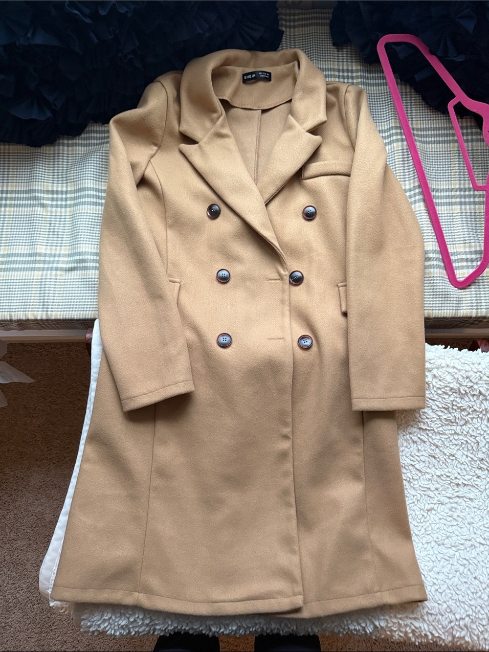 SHEIN Double-Breasted Camel Trench Coat